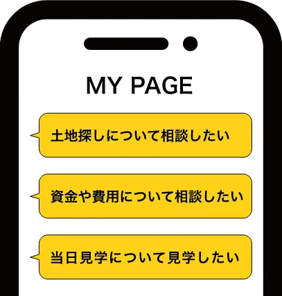 土地探しについて相談したい。資金や費用について相談したい。当日見学について相談したい
